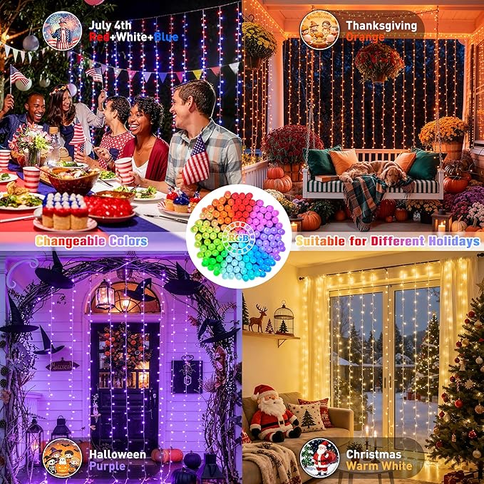 JMEXSUSS RGB Curtain Lights, 300 LED 9.8×9.8FT, Color Changing String Lights with APP & Remote Control, 16 Million Colors, IP44 Waterproof, Holiday Lights for Bedroom Party Wedding 4th of July Decor