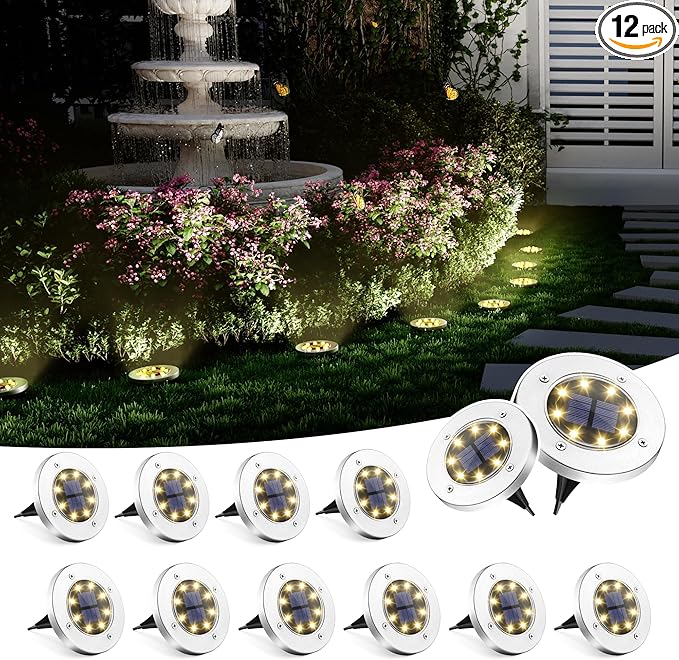 SOLPEX Solar Ground Lights, 12 Pack Solar Lights Outdoor Waterproof, 8 LED Solar Powered Landscape Lighting for Garden Yard Patio Driveway Pathway Walkway (Warm White)
