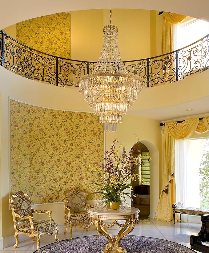TOCHIC French Empire Crystal Chandelier Modern Farmhouse Chandelier Ceiling Light for Foyer Entryway High Ceiling, Vintage Gold Chandelier Light Fixture for Dining Living Room 28" W x 48" H
