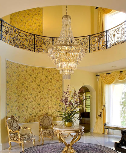TOCHIC French Empire Crystal Chandelier Modern Farmhouse Chandelier Ceiling Light for Foyer Entryway High Ceiling, Vintage Gold Chandelier Light Fixture for Dining Living Room 28" W x 48" H