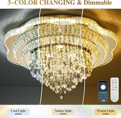 Gold 30" Modern Flush Mount Chandelier for Living Room, LED Crystal Ceiling Light for Bedroom,Elegant Dining Room Lighting Fixture with Remote Control, 3CCT Dimmable