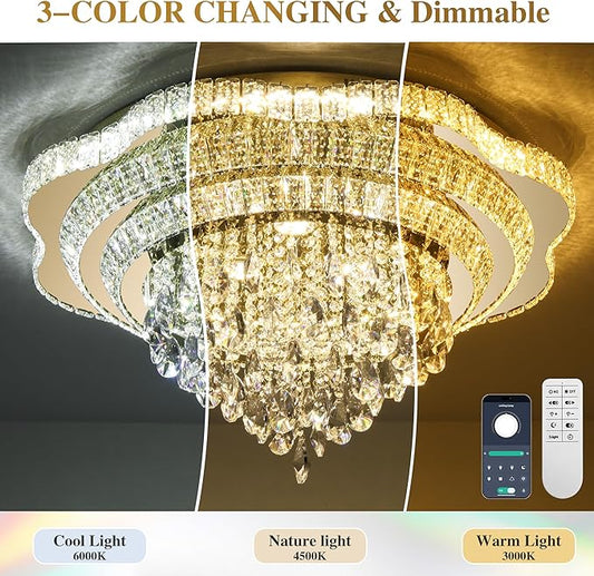 Gold 30" Modern Flush Mount Chandelier for Living Room, LED Crystal Ceiling Light for Bedroom,Elegant Dining Room Lighting Fixture with Remote Control, 3CCT Dimmable