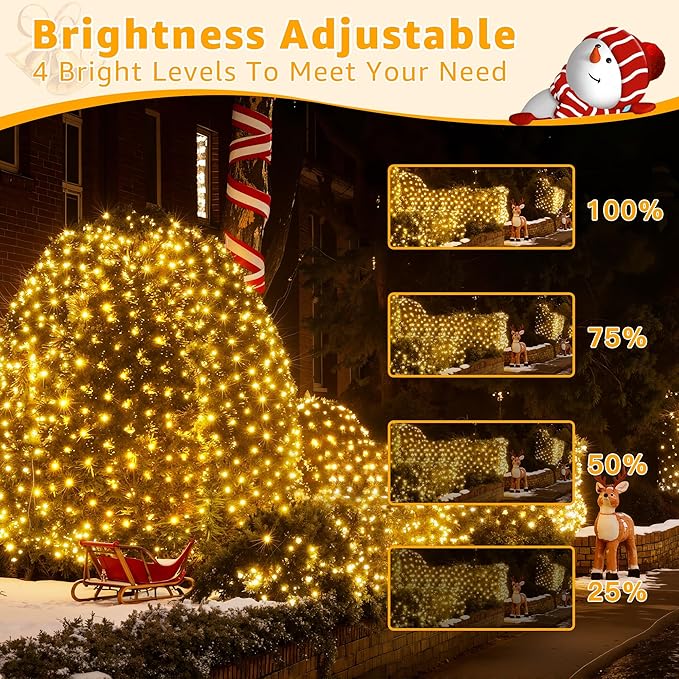 Ollny Net Lights Outdoor Mesh Light, 210LED 10x7ft Green Wire Christmas Net Lights, IP67 Waterproof, 8 Modes Plug in Bush Light for Tree Shrubs Outside Patio Decorations, Warm White