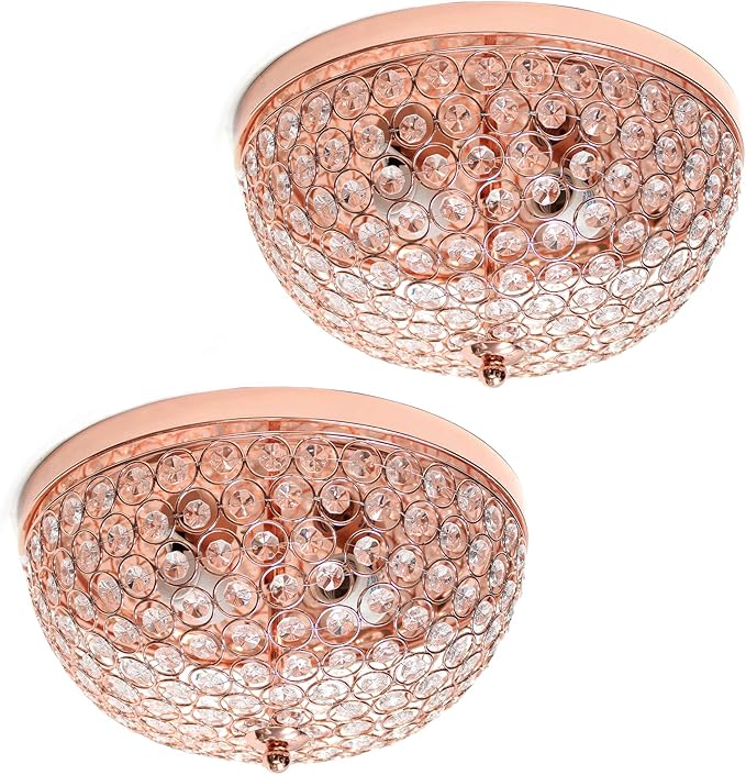 Elegant Designs FM1000-RGD-2PK Elipse Crystal 13 Inch Modern Metal 2 Light Bowl Shaped Ceiling Flush Mount Fixture 2 Pack, Rose Gold