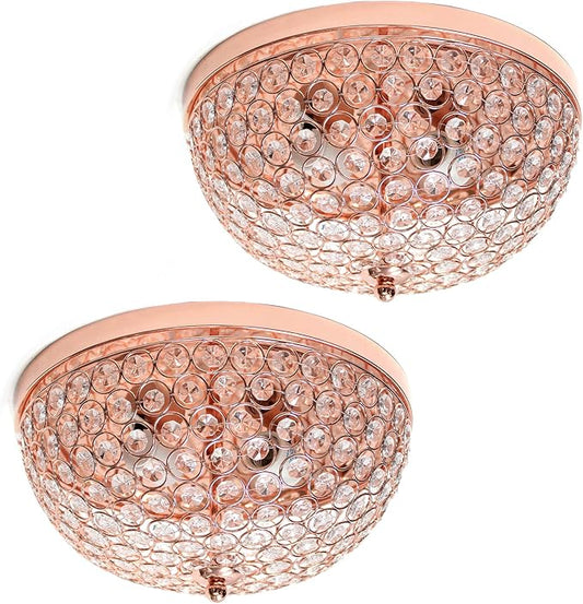 Elegant Designs FM1000-RGD-2PK Elipse Crystal 13 Inch Modern Metal 2 Light Bowl Shaped Ceiling Flush Mount Fixture 2 Pack, Rose Gold