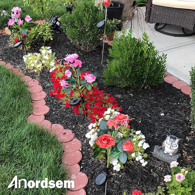 Anordsem Solar Garden Lights Outdoor: 20 Waterproof Fabric Roses 4 Pack - Pink LED Flower Decorations for Yard Patio Path Cemetery Grave - Birthday Gifts for Women Mom Wife