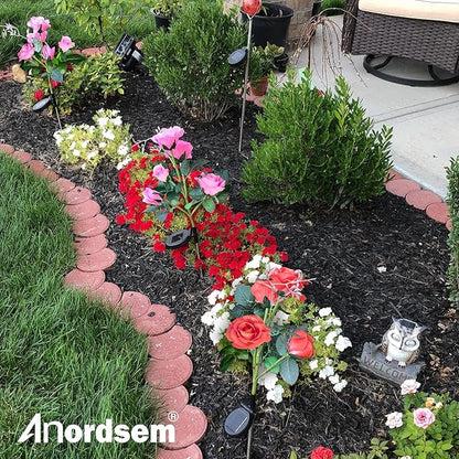 Anordsem Solar Garden Lights Outdoor: 20 Waterproof Fabric Roses 4 Pack - Pink LED Flower Decorations for Yard Patio Path Cemetery Grave - Birthday Gifts for Women Mom Wife