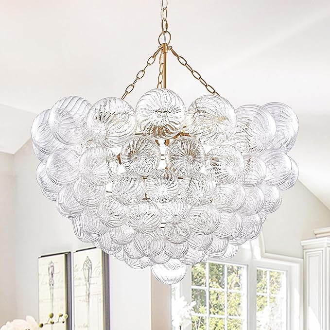 Longree Nordic Bubble Ball Swirled Glass Chandelier, Diam 31" Gild Gold and Clear Modern Hand Blown Glass Pendant Light Fixture for Dining Room, Bedroom, Study, Restaurant, Hallway