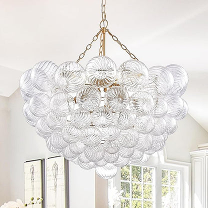 Longree Nordic Bubble Ball Swirled Glass Chandelier, Diam 31" Gild Gold and Clear Modern Hand Blown Glass Pendant Light Fixture for Dining Room, Bedroom, Study, Restaurant, Hallway