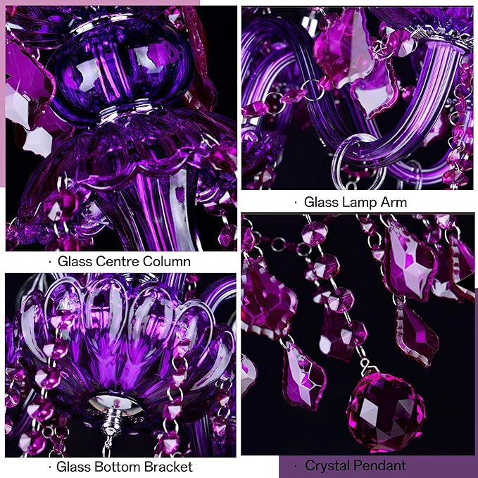 Bagood Purple 6 Lights K9 Crystal Candle Chandeliers Lighting Candle Chandelier Lighting Modern Pendant Lights Crystal Modern Chandelier for Dining Living Room Bedroom E12 Base, H22 x W23.6 Inch