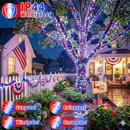 Red White and Blue String Lights, 66FT 200 LED 4th of July Lights Outdoor Waterproof with 8 Modes, Twinkle Fairy Light for Indoor Independence Memorial Day House Holiday Decorations