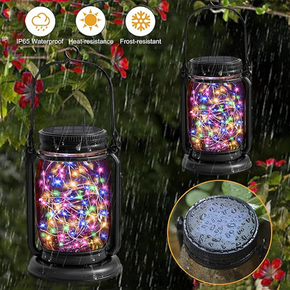 4 Pack Hanging Solar Lantern Lights, 30LED Vintage Glass Mason Jar Solar Fairy Lights Outdoor Decorative Waterproof Table Light with Stakes for Patio Yard Lawn Tree