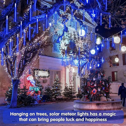 JMEXSUSS Solar Christmas Lights Outdoor, 8 Tube 144 LEDs Solar Meteor Shower Lights Outdoor, Hanging Blue Christmas Light for Tree Icicle Garden Yard Patio Gazebo Party Xmas Decor