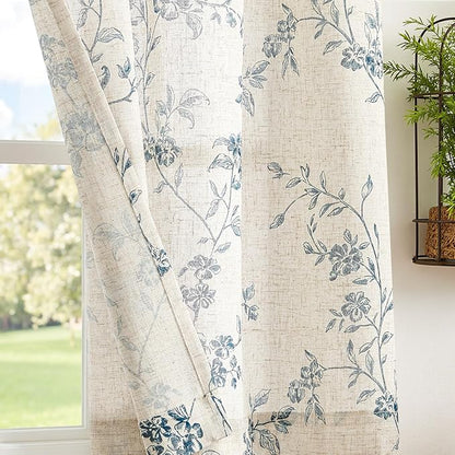 jinchan Floral Kitchen Curtains 54 Inch Linen Tier Curtains Farmhouse Cafe Half Window Drapes for Small Windows Light Filtering Blue on Beige for Living Room Bathroom Back Tab 2 Panels