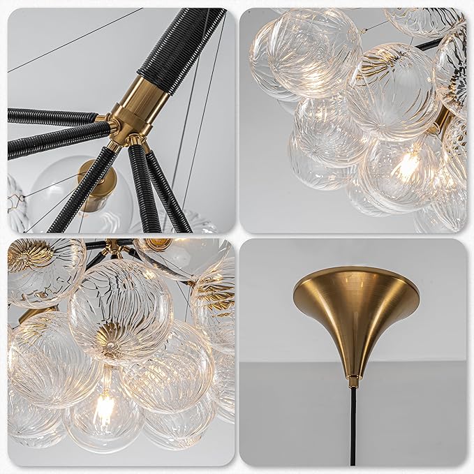 Longree Bubble Ball Glass Chandelier Black and Gold, 24 inches Swirled Blown Glass Globe Cluster Pendant Light Fixture for Bedroom Island Restaurant