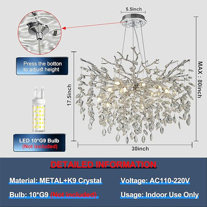 Modern Crystal Tree Branches Chandelier, 30in Silver 10 Lights Large Ceiling Hanging Light for Dining Room, Round Raindrop Pendant Light Fixture