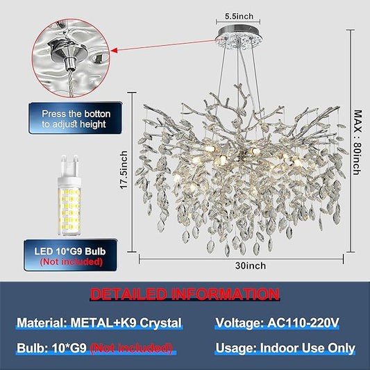 Modern Crystal Tree Branches Chandelier, 30in Silver 10 Lights Large Ceiling Hanging Light for Dining Room, Round Raindrop Pendant Light Fixture