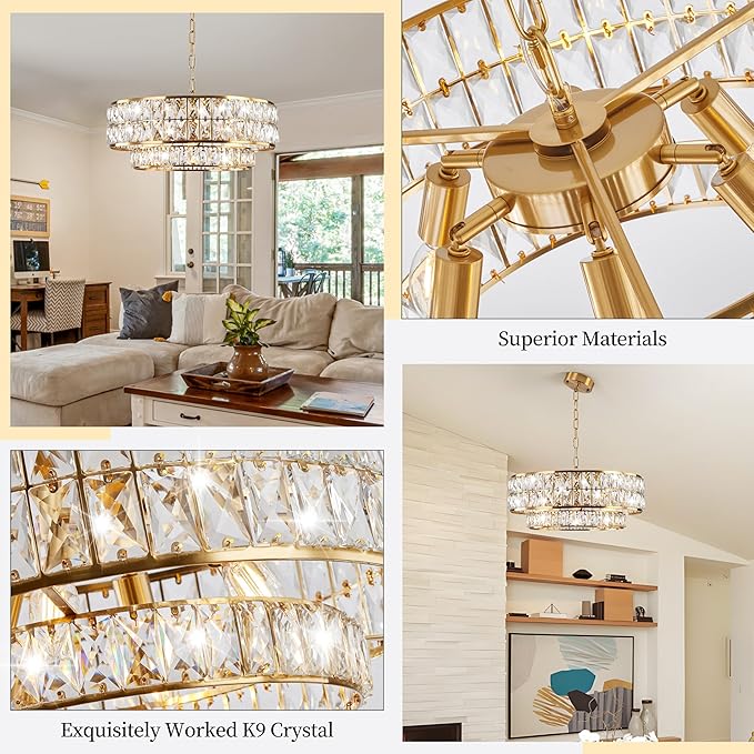 20 Inch Contemporary Luxury Crystal Chandelier, 6-Light Gold Semi-Flush Mount Ceiling Fixture, Round Crystal Pendant Design Perfect for Living Room, Dining Room, Kitchen, Foyer & Bedroom