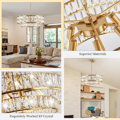 20 Inch Contemporary Luxury Crystal Chandelier, 6-Light Gold Semi-Flush Mount Ceiling Fixture, Round Crystal Pendant Design Perfect for Living Room, Dining Room, Kitchen, Foyer & Bedroom