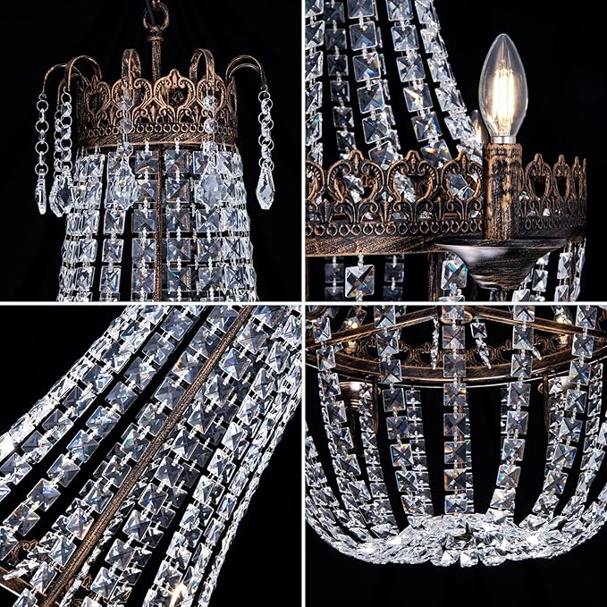 Wellmet French Empire Crystal Chandelier, 6-Light Farmhouse Antique Bronze Chandelier, Hanging Ceiling Mount Light Fixture for Dining Living Room, Bedroom, Bathroom, Kitchen Island, Hallway, 31.5" W