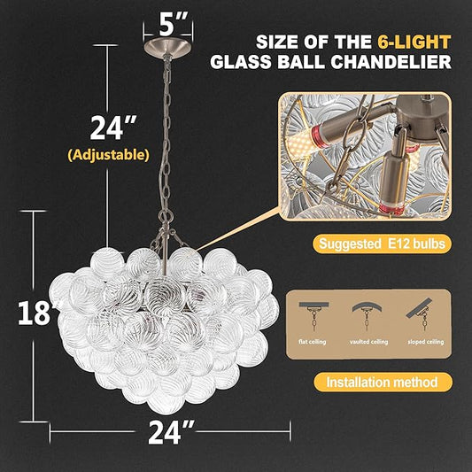 Hand Blown Glass Bubble Ball Chandelier Nickel-Plated 24" Pendant Lights Art Deco Cluster Ribbed Glass Swirled Globe Lighting for Dining Room Table Bar Bedroom Bathroom Entryway