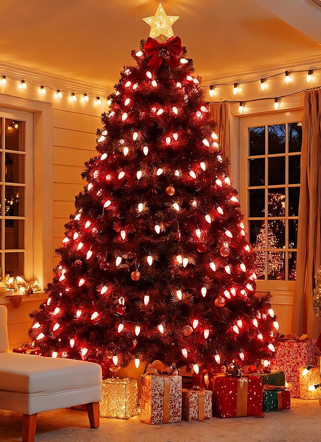 100 Feet Led Christmas Lights, Red and Warm White C9 Christmas String Lights Outdoor, 100 Strawberry Bulbs Connectable UL Certified for Indoor Outdoor Roofline Patio Holiday Party Backyard Decor