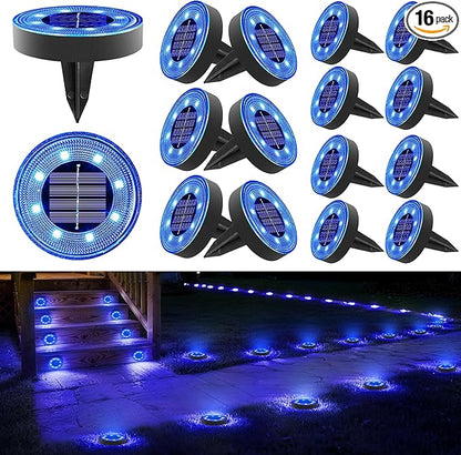 Joomer 16 Pack Solar Ground Lights, 2-in-1 Solar Lights Outdoor Waterproof Solar Powered Disc Light Landscape Garden Lighting Light for Patio Pathway Lawn Yard Driveway Walkway Deck Step (Blue)
