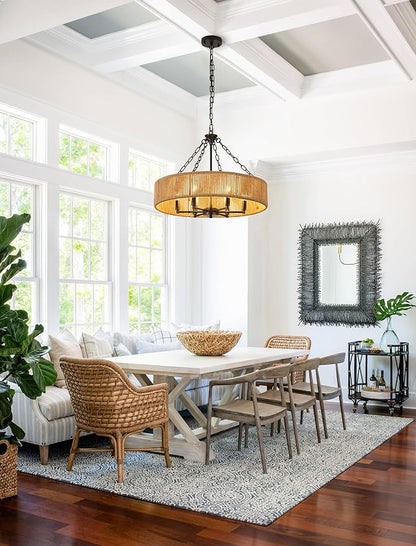 Farmhouse Ceiling Chandelier, 24-inch Bohemian Style Natural Rustic Woven Hemp Rope Pendant Light Round Black Suspension Fixture Suitable for Living Room, Bedroom, Dining Room, Kitchen