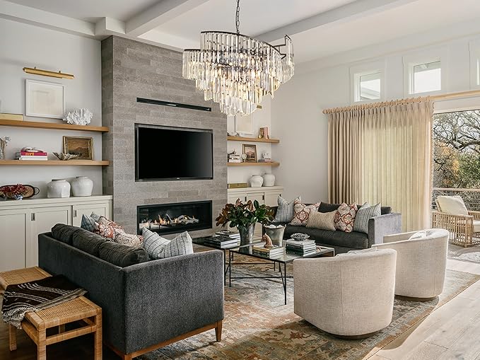 TOCHIC Black Crystal Chandeliers, 9 Lights Modern Farmhouse Chandeliers for Bedroom, Dining Room Light Fixture Spiral Design, High Ceiling Chandelier for Living Room, Entryway, 31.49" L