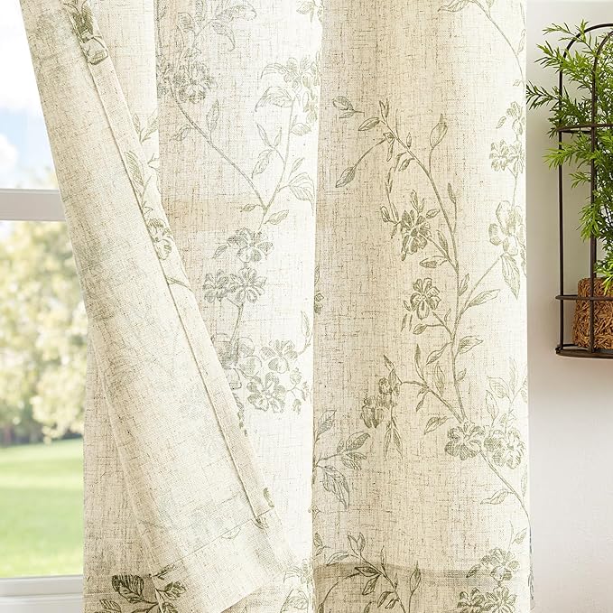 jinchan Floral Kitchen Curtains 45 Inch Linen Tier Curtains Farmhouse Cafe Half Window Drapes for Small Windows Light Filtering Sage Green on Beige for Living Room Bathroom Back Tab 2 Panels