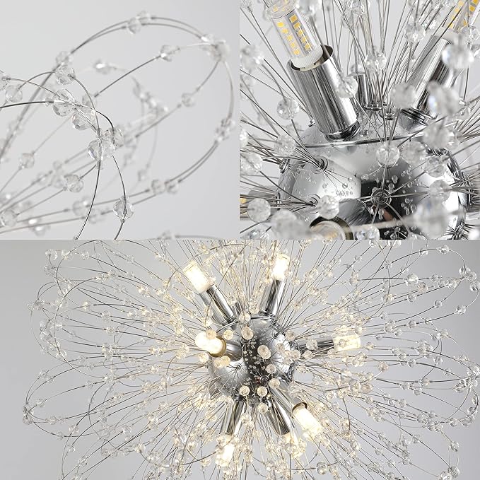 Modern Crystal Chandeliers, 9-Light Chandelier Firework Chrome Pendant Lights, Crystal Sputnik Hanging Ceiling Light Fixture for Dining Room, Bedroom, Living Room