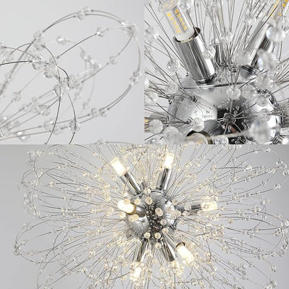Modern Crystal Chandeliers, 9-Light Chandelier Firework Chrome Pendant Lights, Crystal Sputnik Hanging Ceiling Light Fixture for Dining Room, Bedroom, Living Room