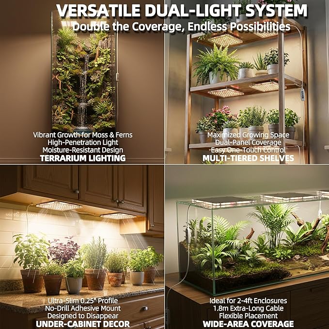Dual Head Under Shelf Grow Light, USB Powered Stick On LED Under Cabinet Plant Light with Timer, Full Spectrum High PPFD Puck Lights for Shelves, Plant Stands, Indoor Plants, Multi-Plant Coverage