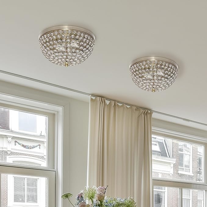 Elegant Designs FM1000-ABS-2PK Elipse Crystal 13 Inch Modern Metal 2 Light Bowl Shaped Ceiling Flush Mount Fixture 2 Pack, Antique Brass