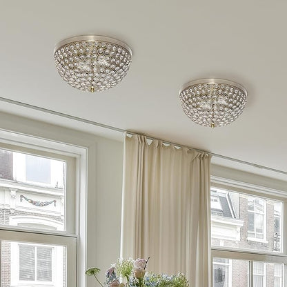 Elegant Designs FM1000-ABS-2PK Elipse Crystal 13 Inch Modern Metal 2 Light Bowl Shaped Ceiling Flush Mount Fixture 2 Pack, Antique Brass