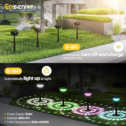 Ensenior Solar Pathway Lights IP65 Waterproof, RGB Color Changing & 6500K Cool White, 8-16Hr Runtime, Flower Pattern Garden Lights for Walkway Porch Yard - 10 Pack
