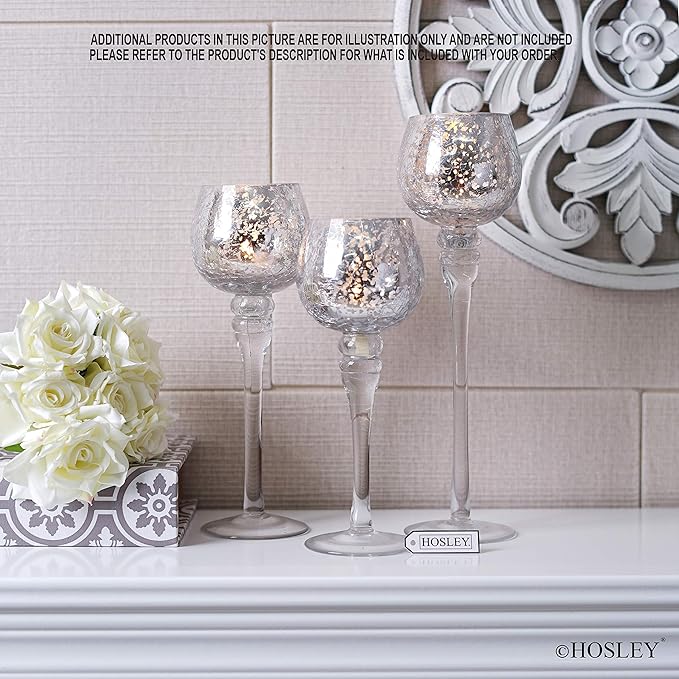 Hosley Set of 3 Crackle Metallic Glass Tealight Holders 12 Inch, 10 Inch, 9 Inch Elegant Home Decor for Ambient Lighting and Stylish Centerpieces and Gift