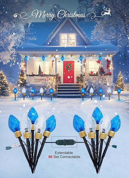 Strawberry Jumbo C9 Christmas Pathway Lights Outdoor - 2Pack Total 17FT 10 LED C9 Walkway Light, Christma Decoration Outside,Christmas Lights Outdoor for Lawn Yard Holiday, Blue & Pure White