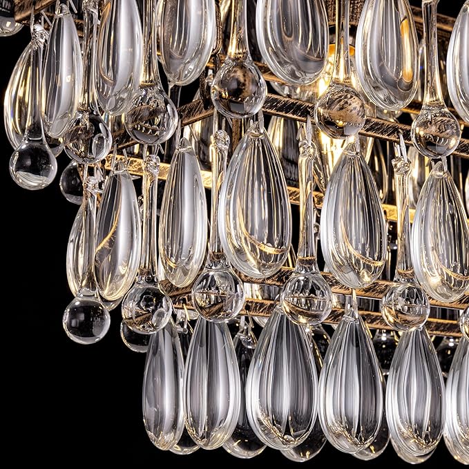 Wellmet Dining Room Crystal Chandelier,30 inch Antique Bronze Rectangle Crystal Ceiling Light,4 Lights Farmhouse Kitchen Island Lighting,Adjustable Hanging Light Fixtures