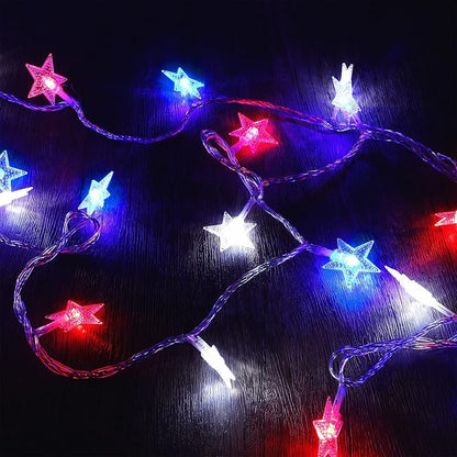 Twinkle Star 4th of July Decoration Lights, 100 LED 49FT Red White Blue Star String Lights, Plug in Fairy String Lights Waterproof, Extendable for Indoor, Outdoor, Independence Day Decor