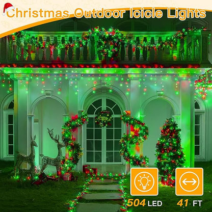 Ollny Icicle Lights for Outside 504LED 41FT, Red and Green Christmas Light with Remote 8Modes Timers Waterproof, Plug in Connectable Hanging Lights for Outdoor Indoor House Roof Holiday