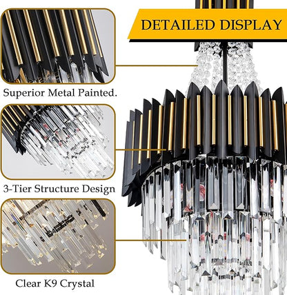 Modern Crystal Chandelier Light 7-Lights 15.8" K9 Crystal Pendant Lights 3-Tier Black Gold Luxury Hanging Light Fixture for Dining Room Living Room Kitchen Bedroom Stairway Home Office