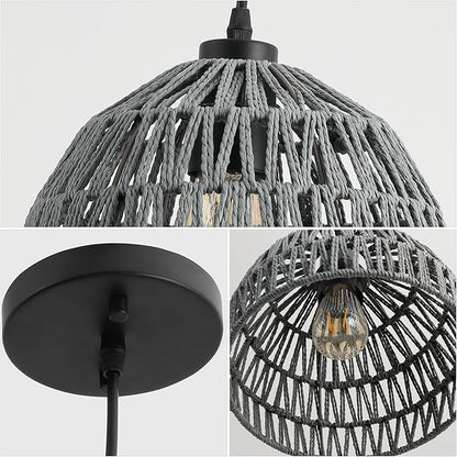 JONATHAN Y 8.25" Gray Modern Bohemian Woven Rope LED Pendant Light Fixture, Adjustable Dome Ceiling Lamp for Kitchen Island, Rope Shade, Coastal Farmhouse Decor (JYL6512D)