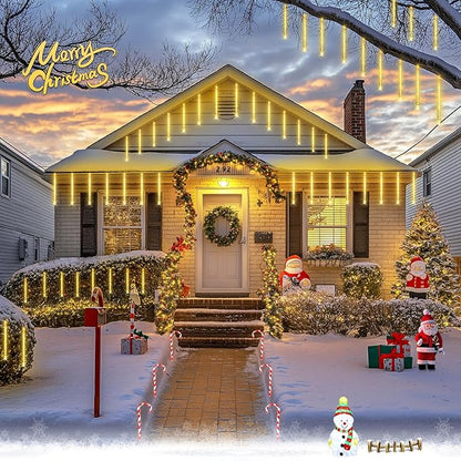 JMEXSUSS Solar Meteor Shower Lights Outdoor, 8 Tube 144 LEDs Warm White Solar Christmas Lights for Tree Eave Xmas Holiday Party Patio House Wedding Decor