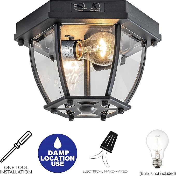 Motion Sensor Flush Mount Ceiling Light Fixture, 2-Light Outdoor Porch Lights Ceiling Mount, Waterproof Matte Black Manual Dusk to Dawn Flush Mount Light Ceiling Lamp, E26 Socket