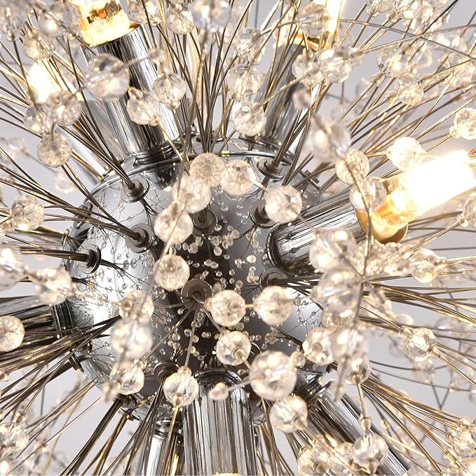 Small Dandelion Chandelier, 9 Lights Modern Firework Crystal Chandelier, Chrome Sputnik Pendant Light Fixture for Kitchen Island Dining Room Bedroom