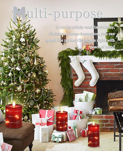 Red Flameless Candles with String Lights Battery Operated LED Pillar Candles 4‘’ 5‘’ 6‘’ Candle with Remote Control,Fake Candle Set of 3 for Christmas or Special Festivals Decorations
