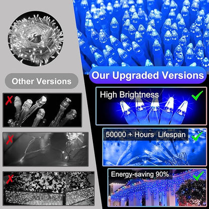 504LED 50ft Christmas Lights, 112Drops 12 Modes Blue Christmas String Lights Outdoor Dimmable, Waterproof Christmas Decoration Fairy Lights with Timer for Eaves Indoor Party Patio Window Fence Blue