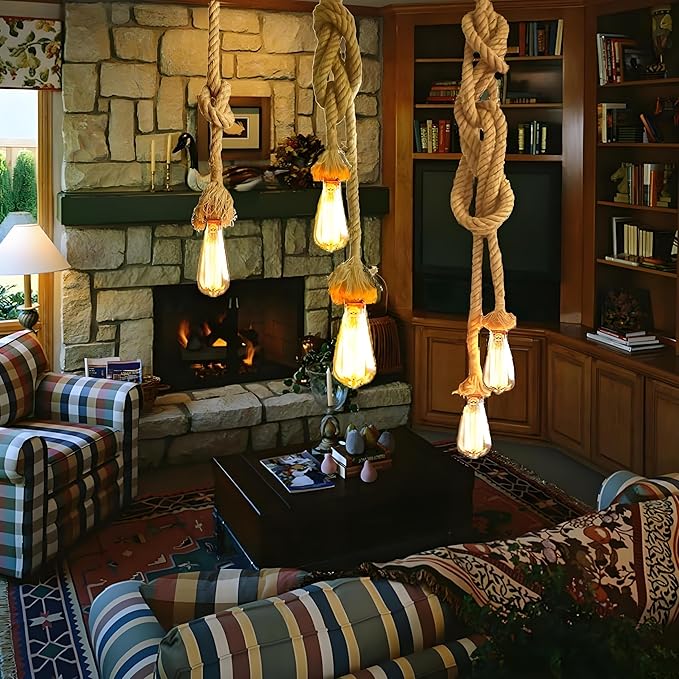 5 Head 2 Meter Vintage Hemp Rope Pendant Light Fixture E26/E27 Base, Vintage Ceiling Light Lamp,Retro Style for Dining Hall Restaurant Bar Lighting(Bulb not Included)