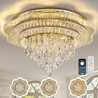Gold 30" Modern Flush Mount Chandelier for Living Room, LED Crystal Ceiling Light for Bedroom,Elegant Dining Room Lighting Fixture with Remote Control, 3CCT Dimmable